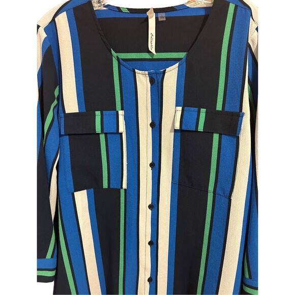 NY Collection Women’s Size L Button Down Striped Career Blouse Roll Tab Sleeves - Picture 4 of 13